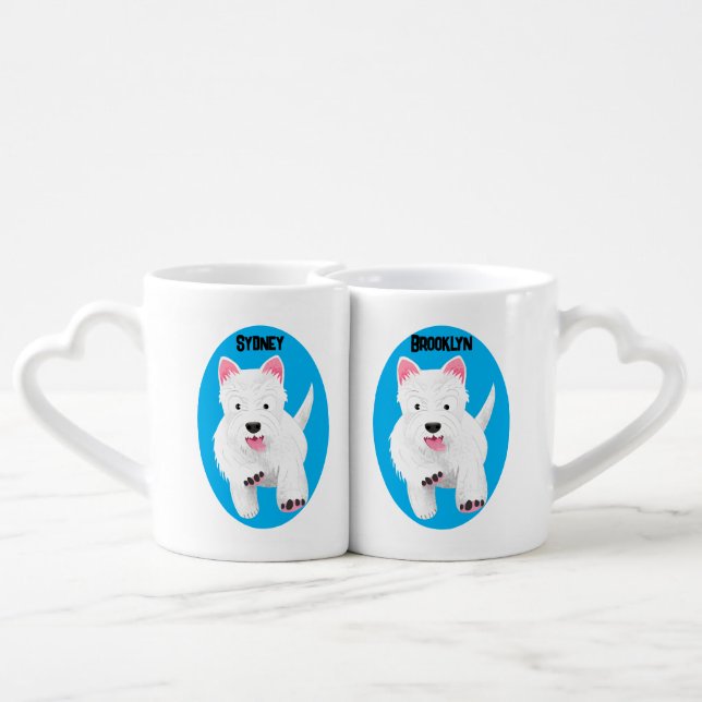 Cute white west highland terrier cartoon coffee mug set (Back Nesting)