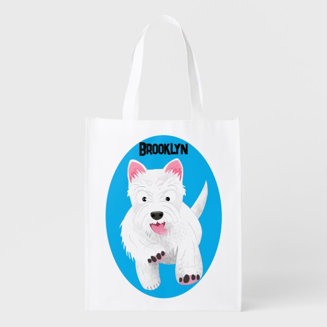 Cute white west highland terrier cartoon grocery bag (Front)