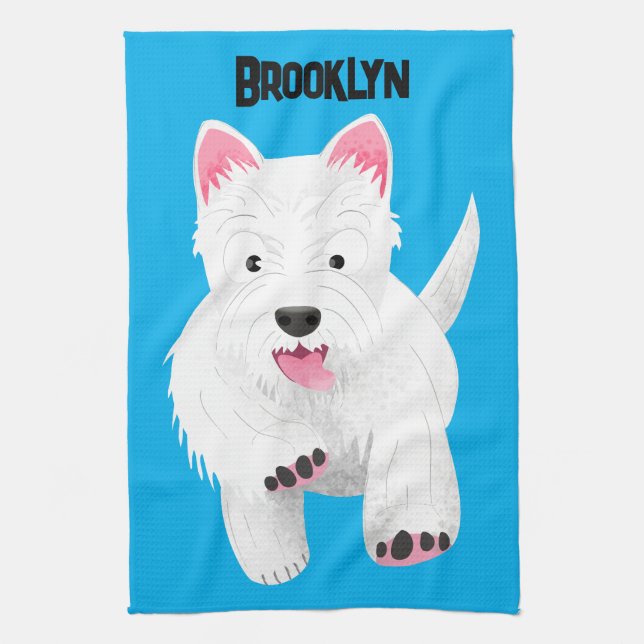 Cute white west highland terrier cartoon kitchen towel (Vertical)