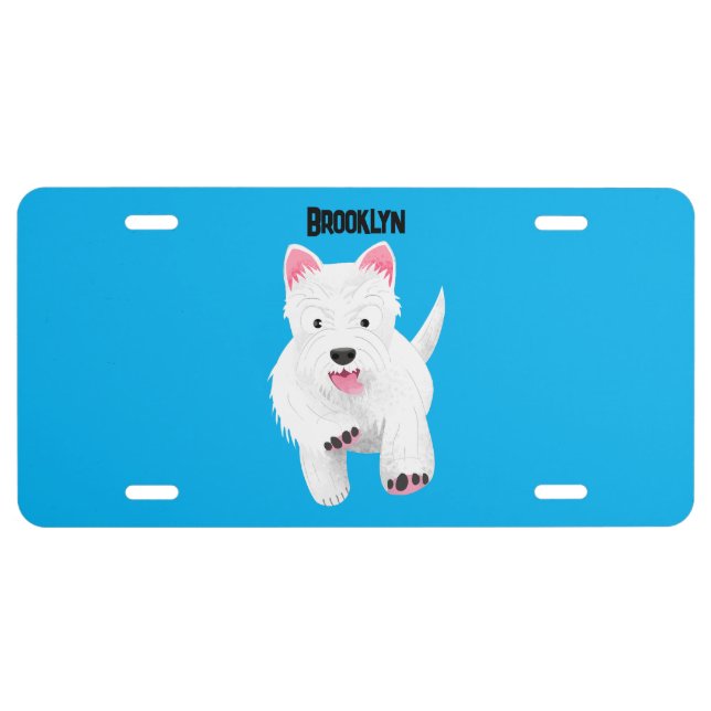 Cute white west highland terrier cartoon license plate (Front)