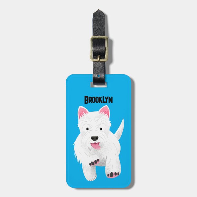 Cute white west highland terrier cartoon luggage tag (Front Vertical)