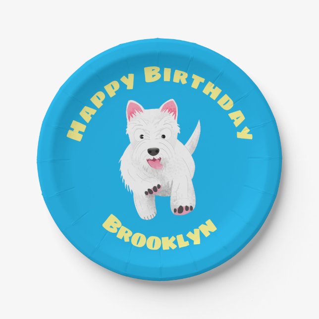 Cute white west highland terrier cartoon paper plates (Front)