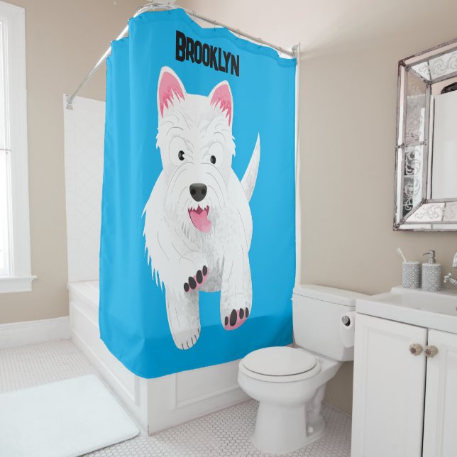 Cute white west highland terrier cartoon shower curtain (In Situ)