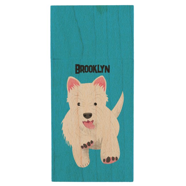 Cute white west highland terrier cartoon wood flash drive (Front Vertical)