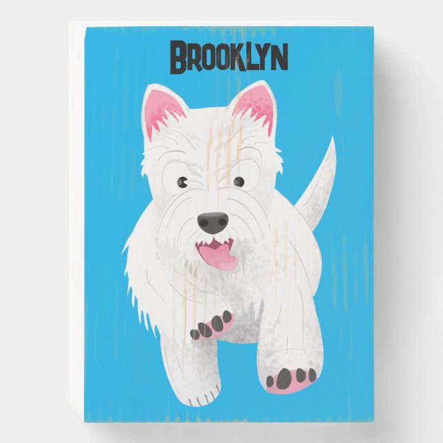 Cute white west highland terrier cartoon wooden box sign (Front Vertical)