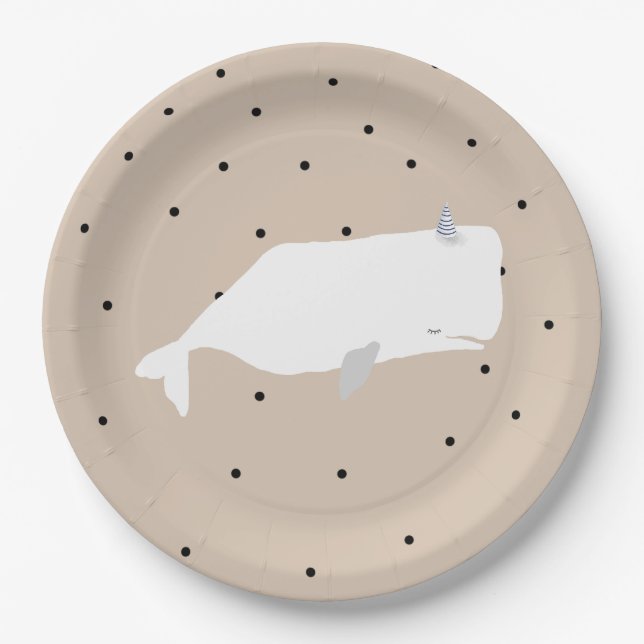 Cute White Whale Baby Shower Neutral Beige  Paper Plates (Front)