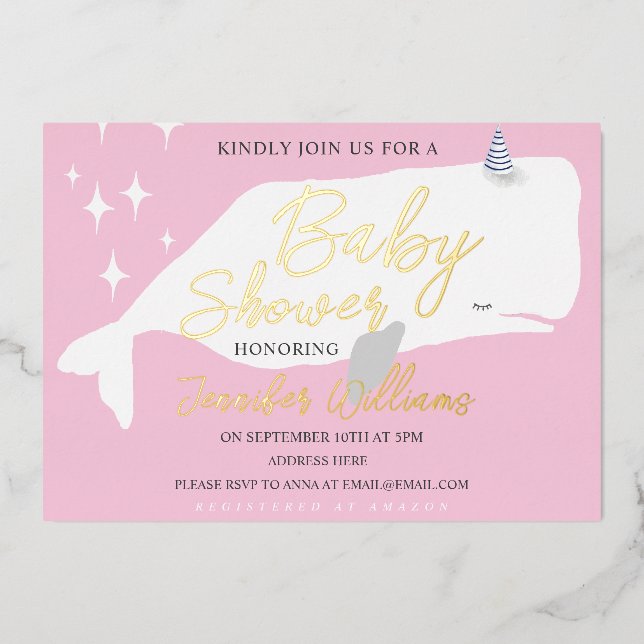 Cute White Whale Girl Baby Shower Pink Invitation  Foil Invitation (Front)