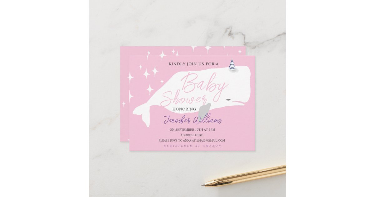 Cute White Whale Girl Baby Shower Pink Invitation Postcard | Zazzle
