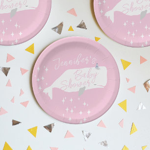 Cute White Whale Girl Baby Shower Pink Paper Plates
