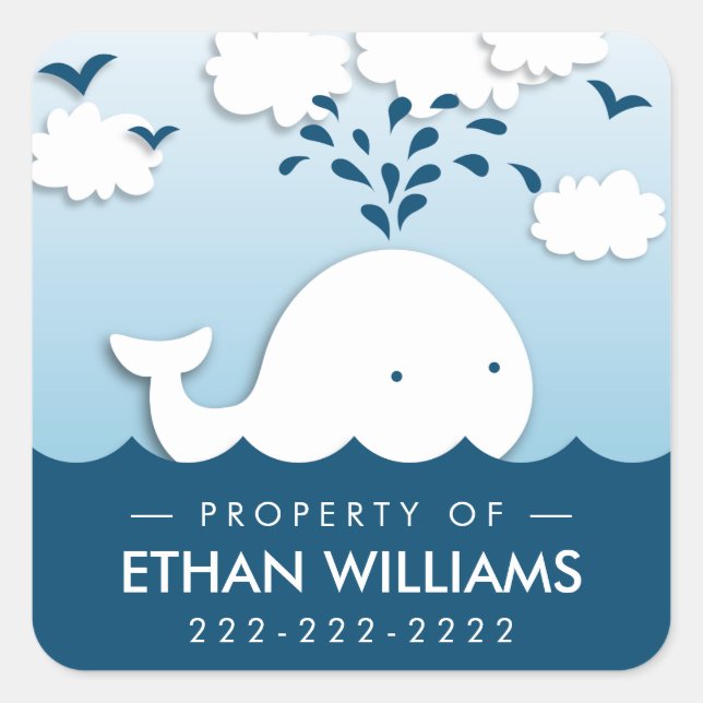 Cute White Whale Property Of Name Stickers (Front)