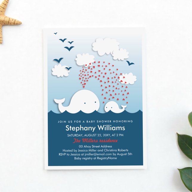Cute White Whales Hearts Stylish Baby Shower Invitation (Creator Uploaded)
