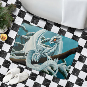 Cute White Winter Dragon Snowy Pine Tree Fantasy Bath Mat
