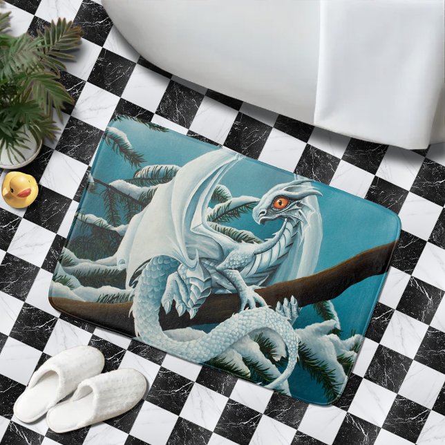 Cute White Winter Dragon Snowy Pine Tree Fantasy Bath Mat (Creator Uploaded)