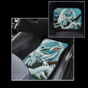 Cute White Winter Dragon Snowy Pine Tree Fantasy Car Floor Mat