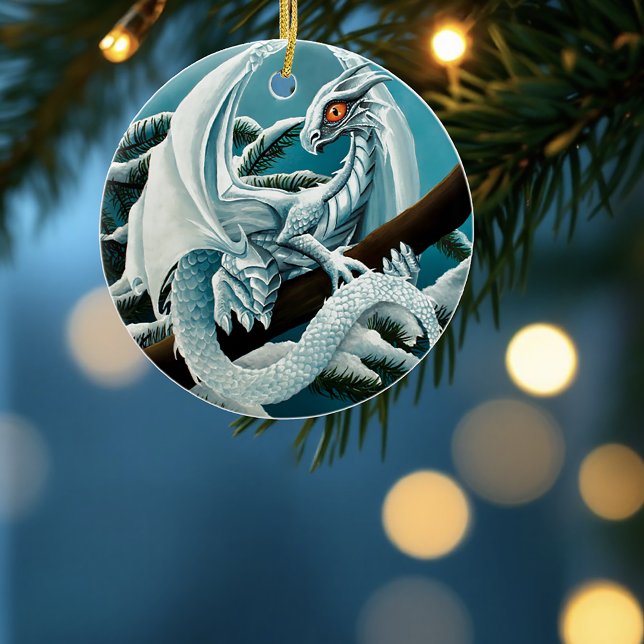 Cute White Winter Dragon Snowy Pine Tree Fantasy Ceramic Ornament (Creator Uploaded)