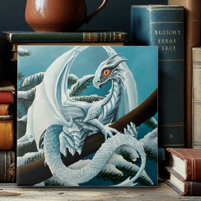 Cute White Winter Dragon Snowy Pine Tree Fantasy Ceramic Tile (Creator Uploaded)