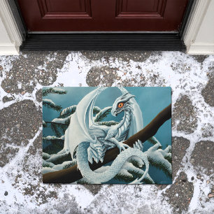 Cute White Winter Dragon Snowy Pine Tree Fantasy Doormat