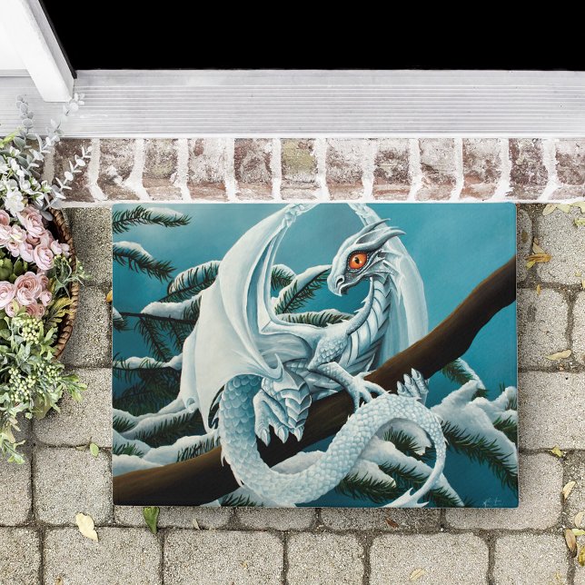Cute White Winter Dragon Snowy Pine Tree Fantasy Doormat (Creator Uploaded)