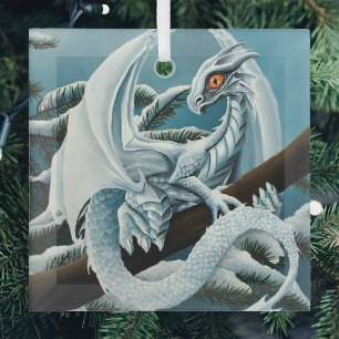 Cute White Winter Dragon Snowy Pine Tree Fantasy Glass Ornament