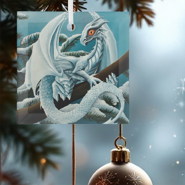 Cute White Winter Dragon Snowy Pine Tree Fantasy Glass Ornament (Creator Uploaded)