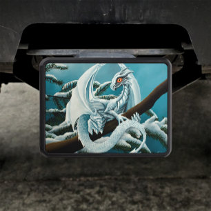 Cute White Winter Dragon Snowy Pine Tree Fantasy Hitch Cover