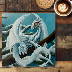 Cute White Winter Dragon Snowy Pine Tree Fantasy Jigsaw Puzzle