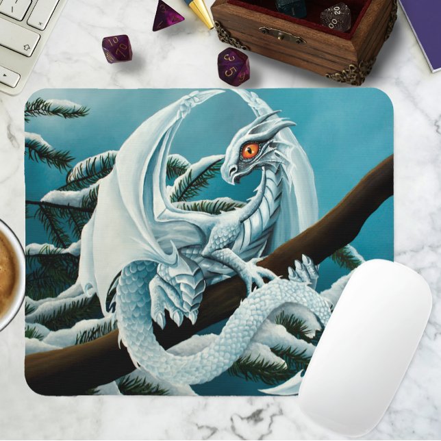Cute White Winter Dragon Snowy Pine Tree Fantasy Mouse Pad (Creator Uploaded)