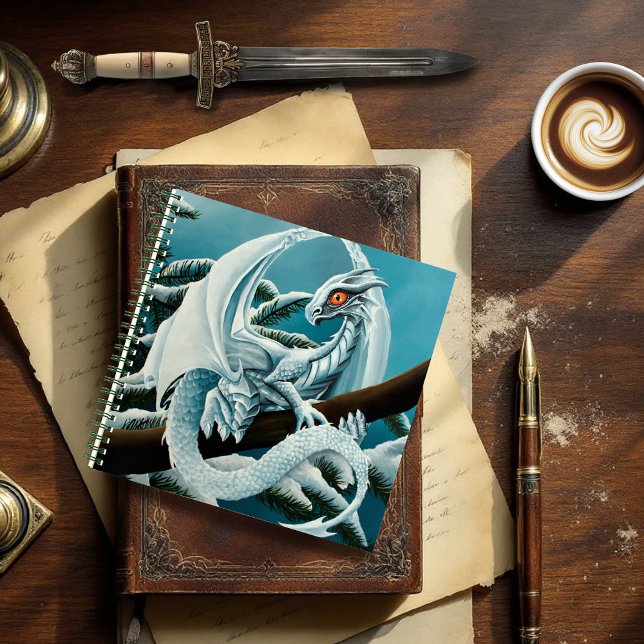 Cute White Winter Dragon Snowy Pine Tree Fantasy Notebook (Creator Uploaded)
