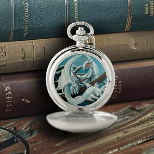 Cute White Winter Dragon Snowy Pine Tree Fantasy Pocket Watch