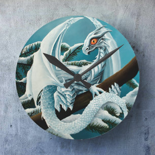 Cute White Winter Dragon Snowy Pine Tree Fantasy Round Clock