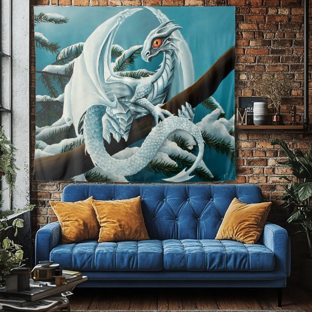 Cute White Winter Dragon Snowy Pine Tree Fantasy Tapestry (Creator Uploaded)