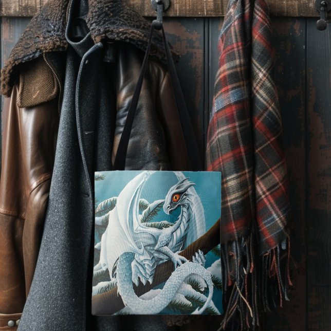 Cute White Winter Dragon Snowy Pine Tree Fantasy Tote Bag (Creator Uploaded)