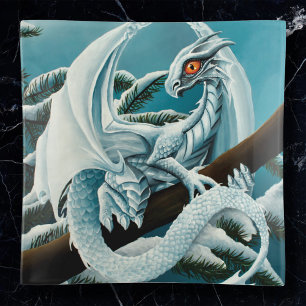Cute White Winter Dragon Snowy Pine Tree Fantasy Trinket Tray