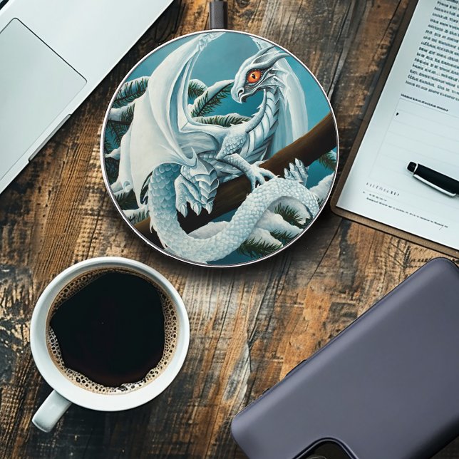 Cute White Winter Dragon Snowy Pine Tree Fantasy Wireless Charger (Creator Uploaded)