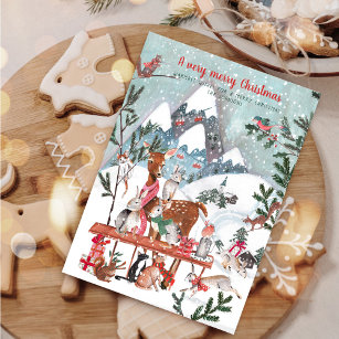 Cute white winter mountains woodland animals holiday card