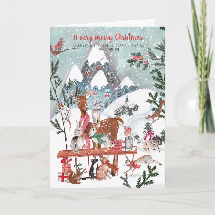 woodland greeting cards handmade cards illustrated greeting card holiday card winter card set animal cards Set of 2 christmas cards