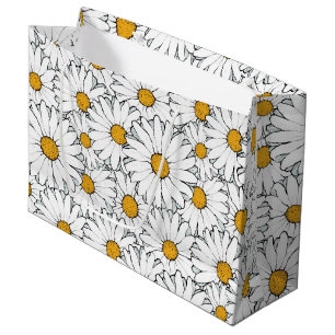 Cute White Yellow Daisies Floral Art Pattern Large Gift Bag