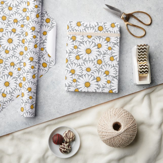 Cute White Yellow Daisies Floral Art Pattern Wrapping Paper (Crafts)
