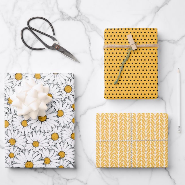 Cute White Yellow Daisies Floral Art Pattern Wrapping Paper Sheets (Front)