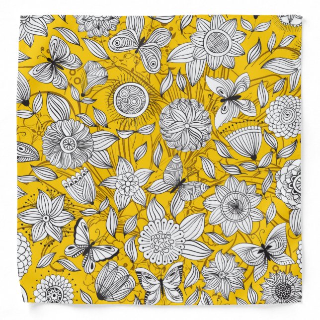 Cute white yellow floral abstract design bandana (Front)
