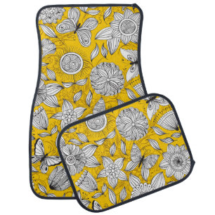 Cute white yellow floral abstract design car floor mat