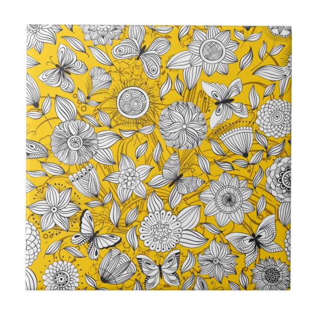 Cute white yellow floral abstract design ceramic tile (Front)