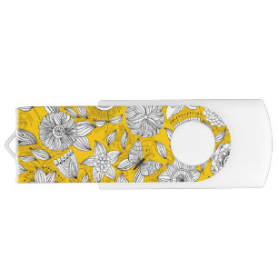 Cute white yellow floral abstract design flash drive