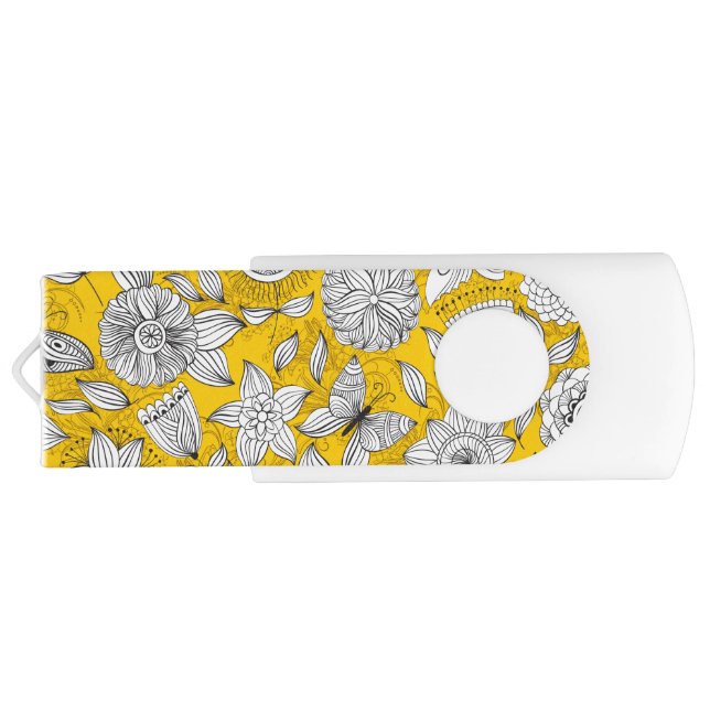 Cute white yellow floral abstract design flash drive (Back)