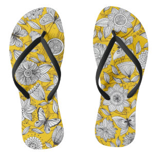 Cute white yellow floral abstract design flip flops