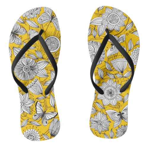 Cute white yellow floral abstract design flip flops