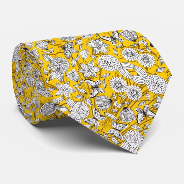 Cute white yellow floral abstract design neck tie (Rolled)