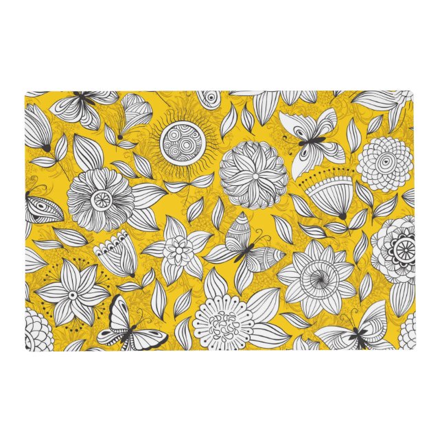 Cute white yellow floral abstract design placemat (Front)