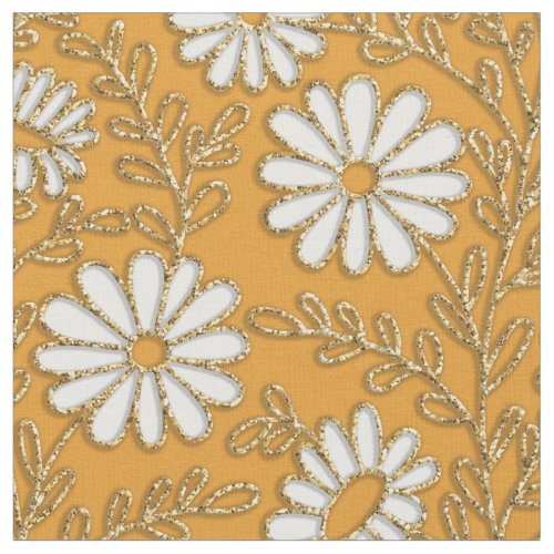 Cute White Yellow Gold Daisies Floral Pattern  Fabric
