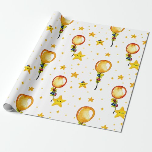 Cute White Yellow Twinkle Little Star Baby Shower Wrapping Paper